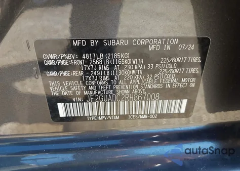 2024 Subaru Crosstrek Premium из США, поврежденный, VIN JF2GUADC2RH867008